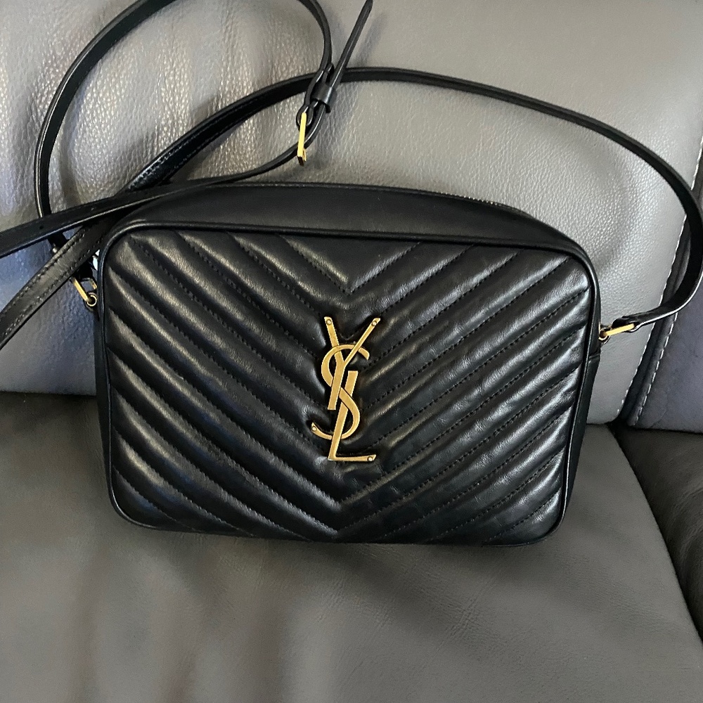 Yves Saint Laurent Black Quilted Leather Camera Bag with Gold YSL Logo